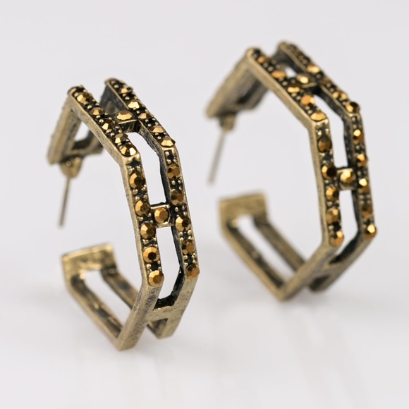 Unknown Jewelry - Rustic Brass Hexagon Hoop Earrings